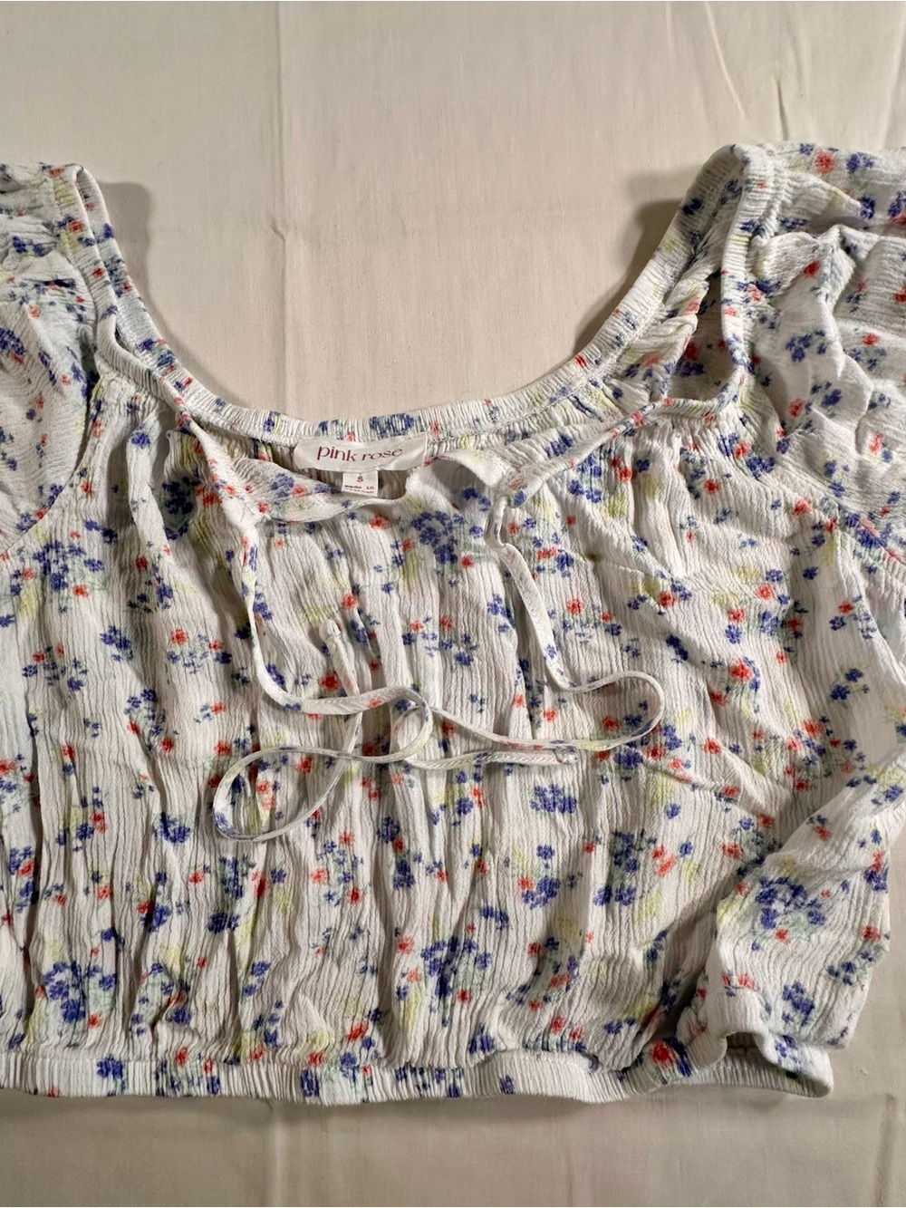 Pink Rose White Floral Peasant Top Boho country cottage Y2K